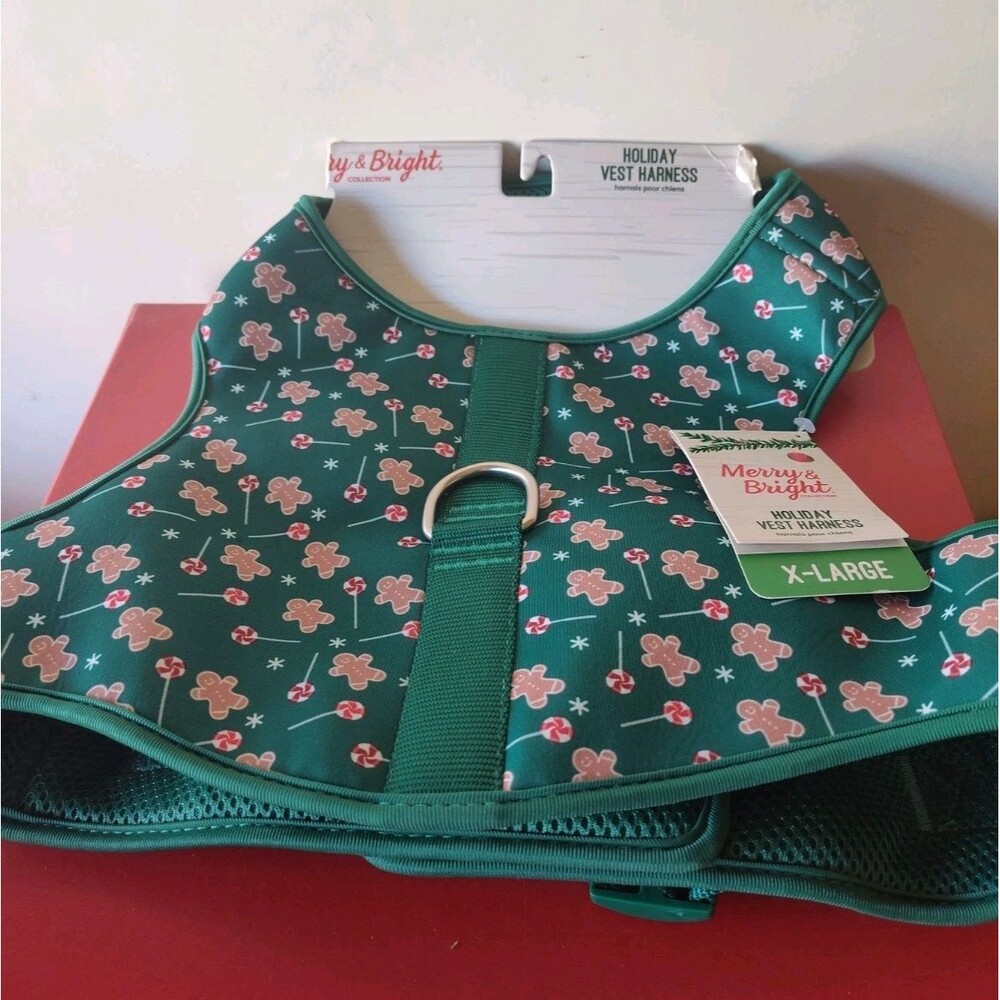 Merry Bright XL Dog Christmas Vest Harness Pet Gingerbread Christmas Candy Green